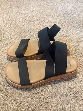 Steve Madden Black Elastic Strap Cork Platform Sandals
